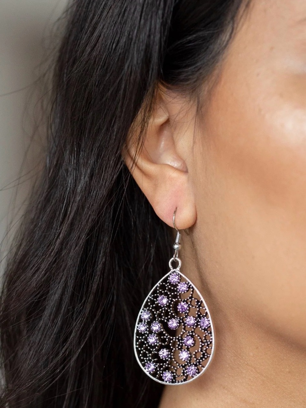 Silver Teardrop Earrings with Lavender Crystal accents